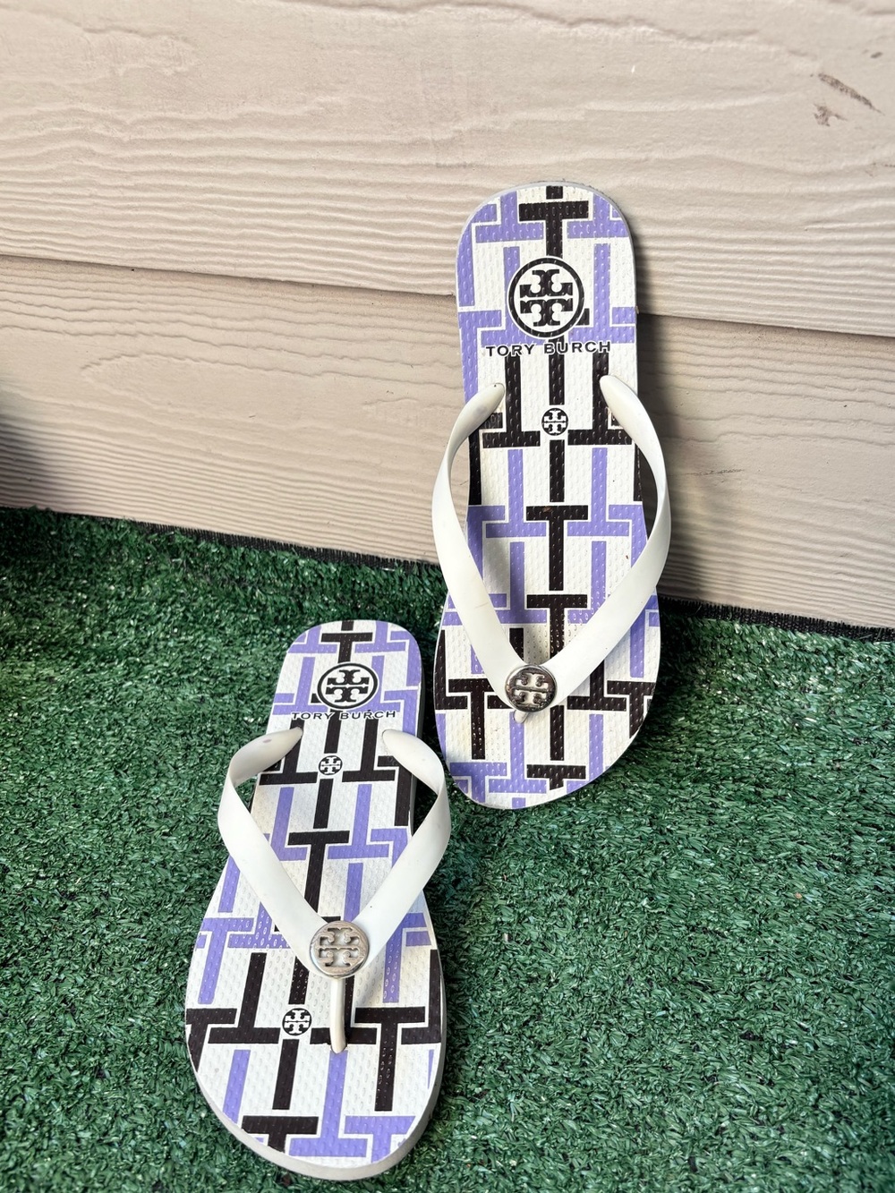 Tory Burch Flip Flop Sandals in White, Purple & Black